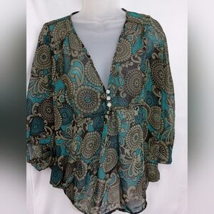 2/$30 Tramp Blue and Brown Asymmetrical Blouse with Notched Collar (#1,072)